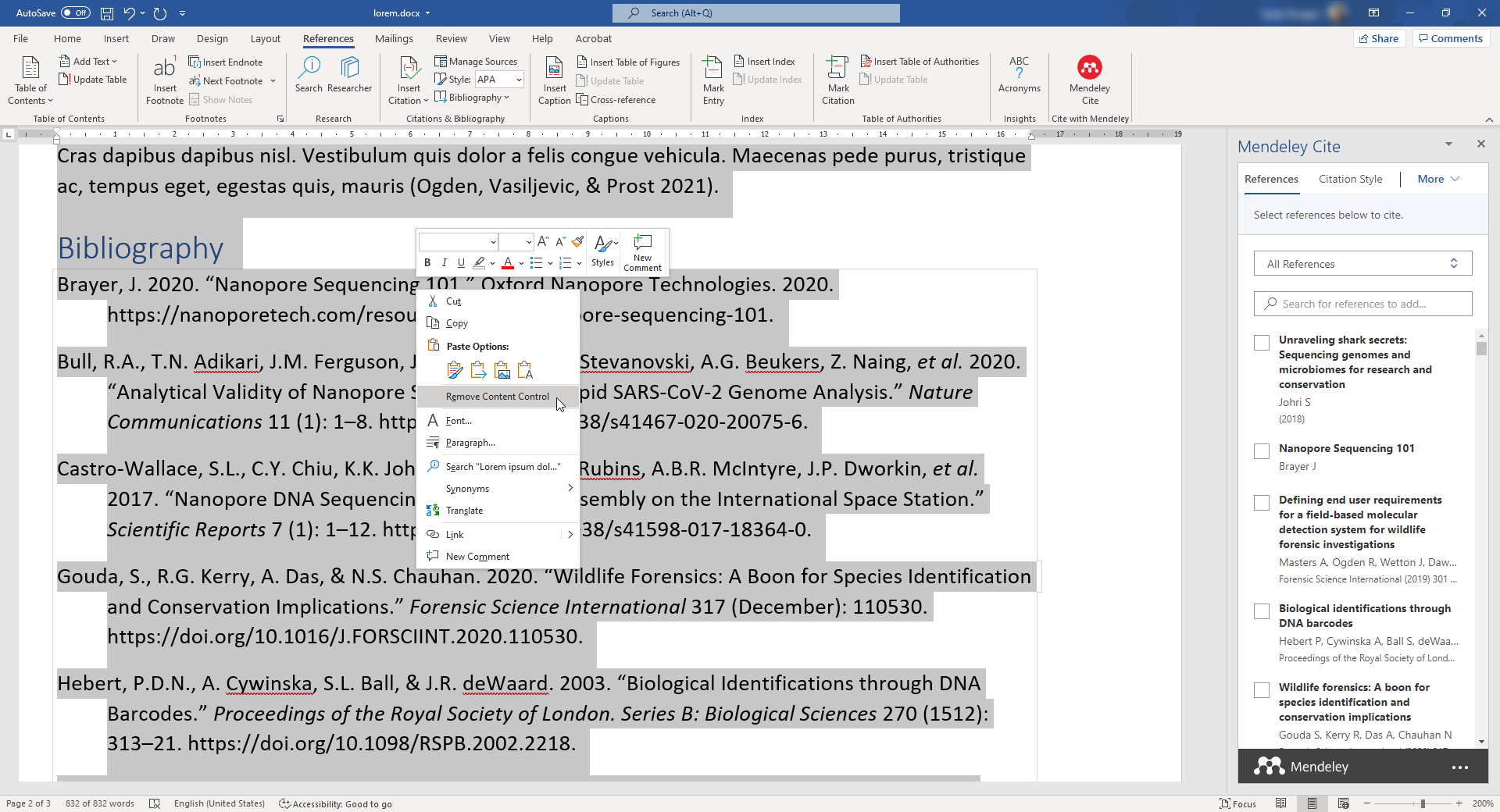 Screenshot showing how to convert Mendeley-coded citations and bibliography to plain text.