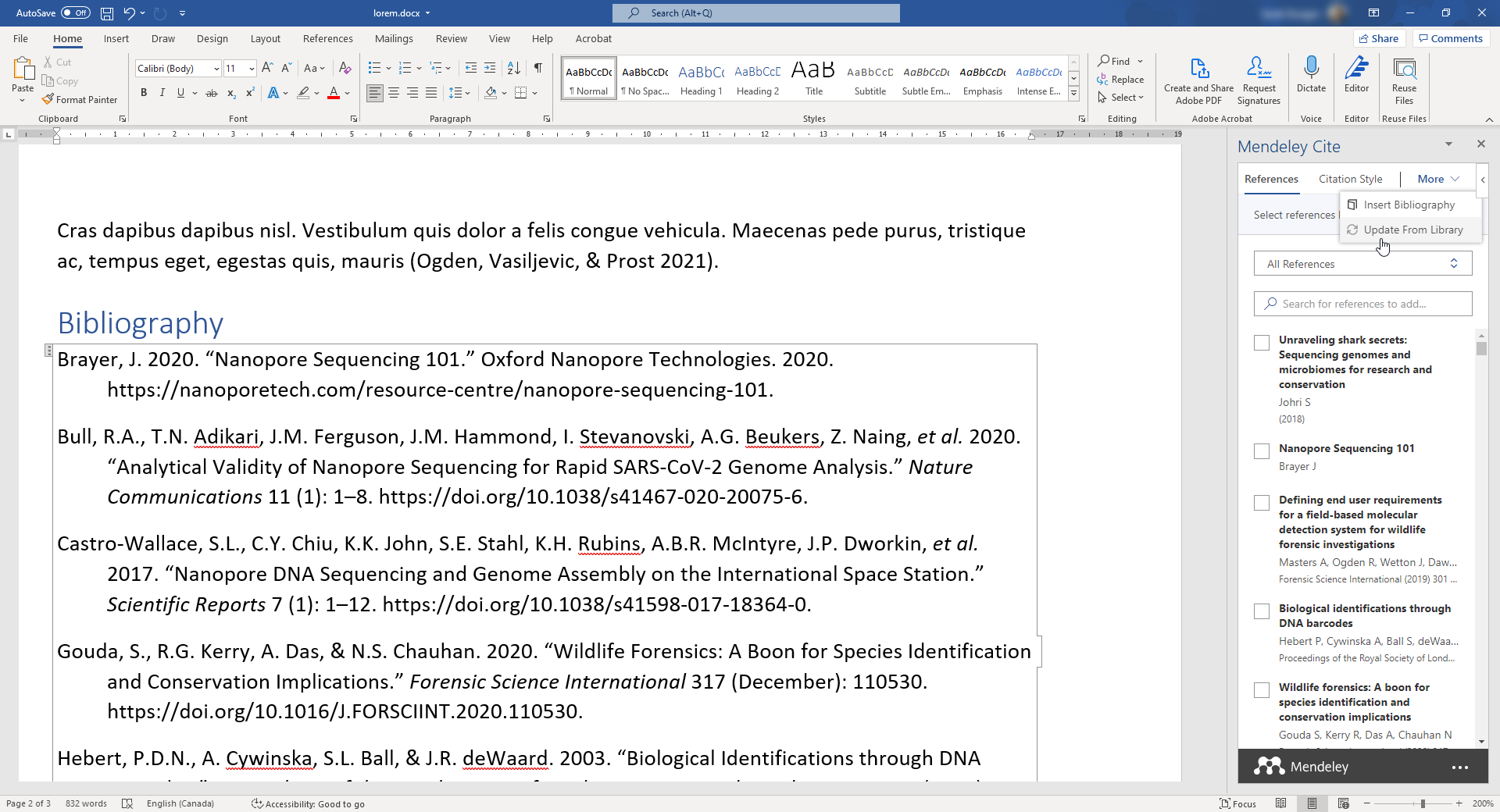 Screenshot showing how to update a bibliography in Mendeley Cite.