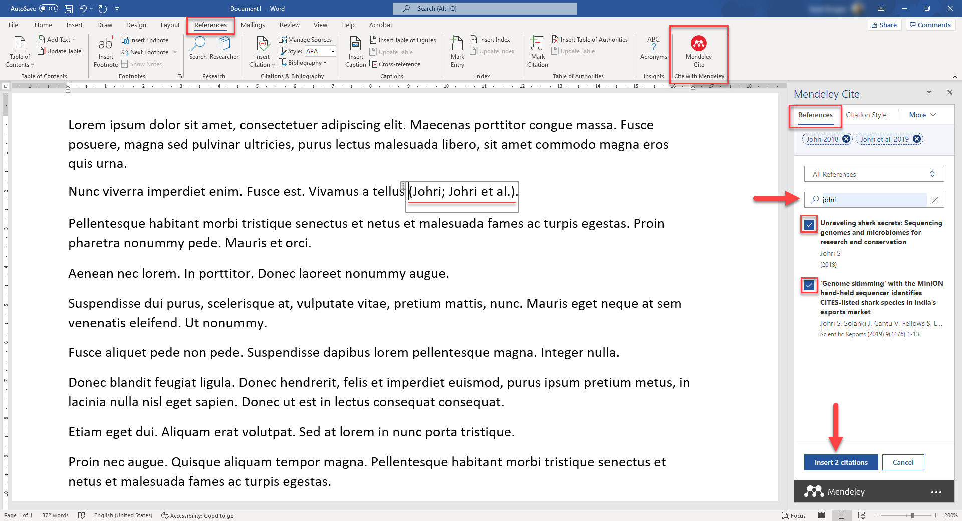 Screenshot showing how to insert an in-text citation.