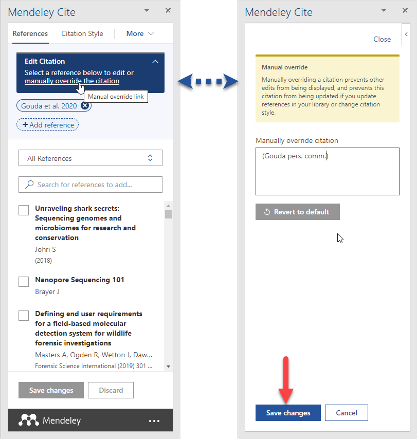 Screenshot showing how to manually override a citation.