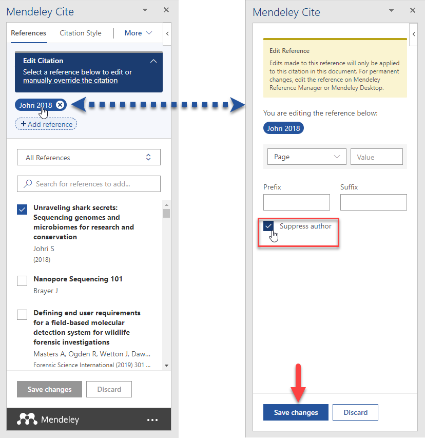 Screenshot showing how to suppress the author in a citation.