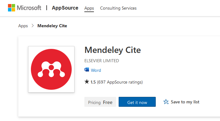 Screenshot showing Mendeley Cite in the Microsoft app store.