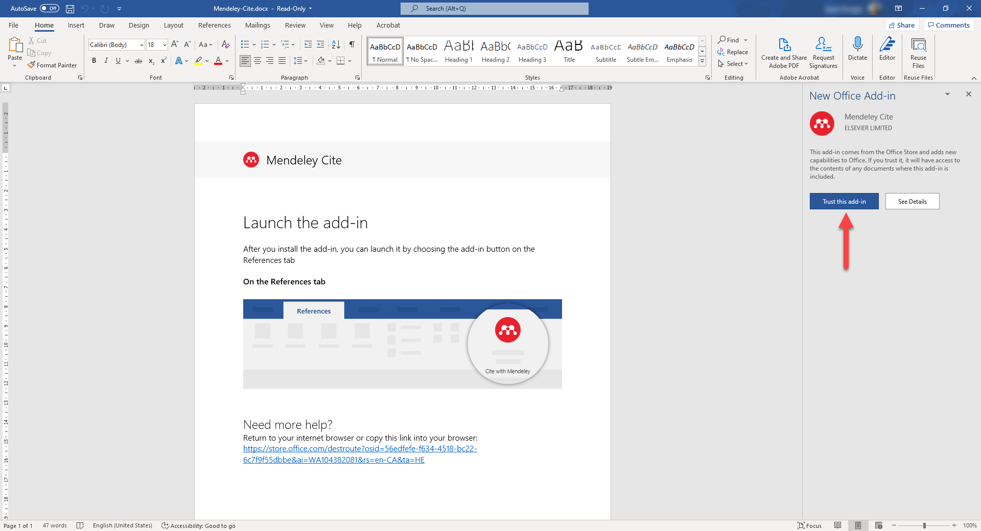 Screenshot showing how to approve the Mendeley Cite plugin in Microsoft Word.