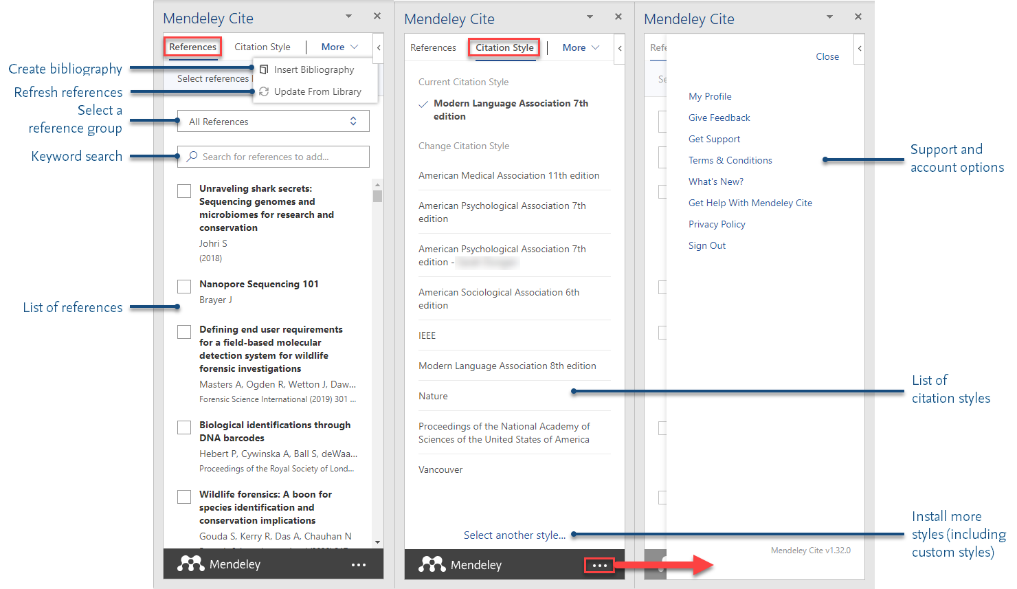 Schematic of the Mendeley menu in Word's reference tab.