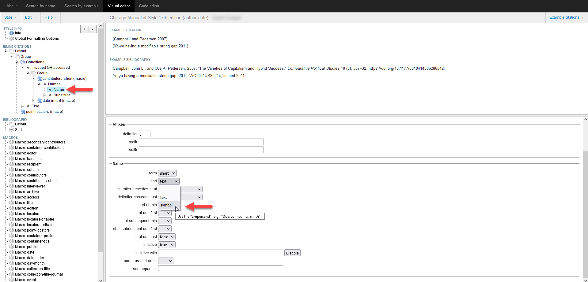 Screenshot showing how to edit style parameters in the CSL Editor.