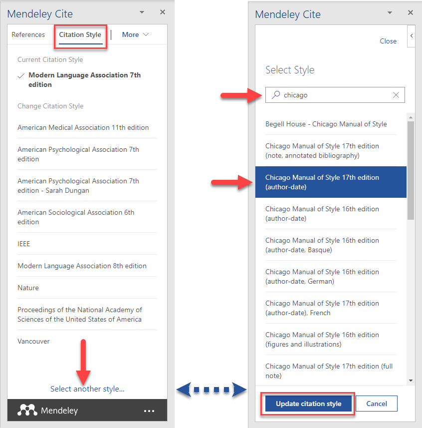 Screenshot showing how to install a new citation style.